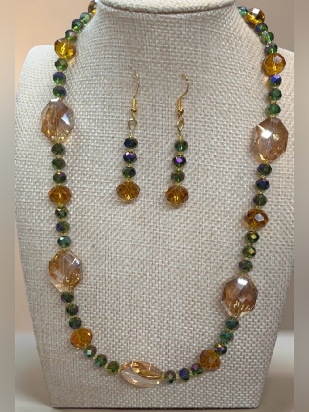 Handmade Amber, Olive Green & Iridescent Crystal Necklace and Drop Earrings